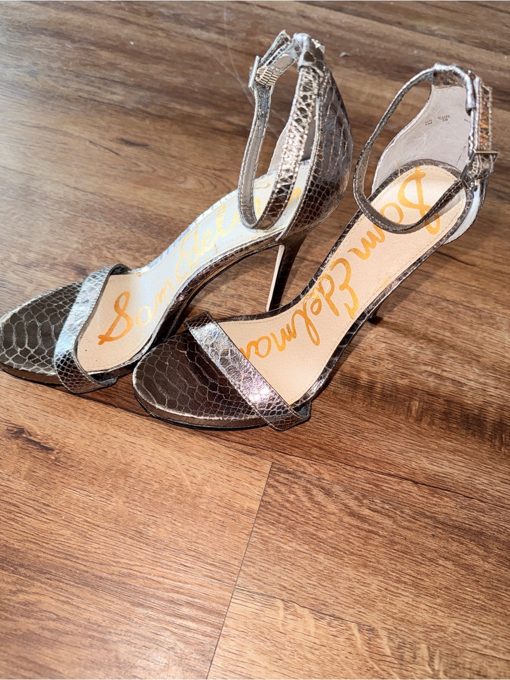 Sam Edelman Metallic Silver Snakeskin Ankle-Strap Heels